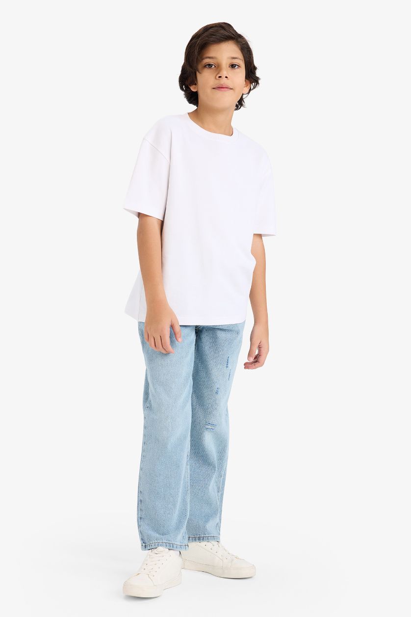 Erkek Çocuk - Genç Erkek Açık Mavi Loose Fit Yırtık Detaylı Düz Paça Jean Pantolon Erkek Çocuk