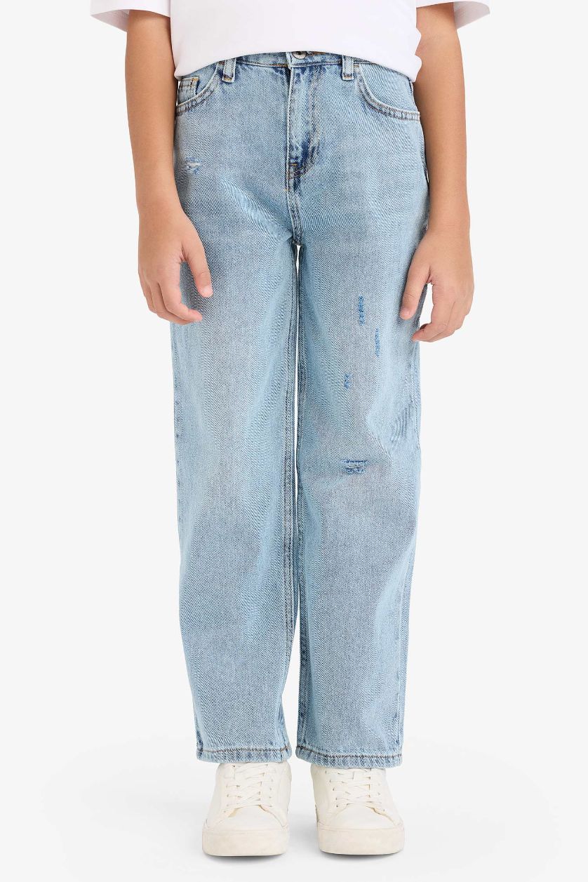 Erkek Çocuk - Genç Erkek Açık Mavi Loose Fit Yırtık Detaylı Düz Paça Jean Pantolon Erkek Çocuk