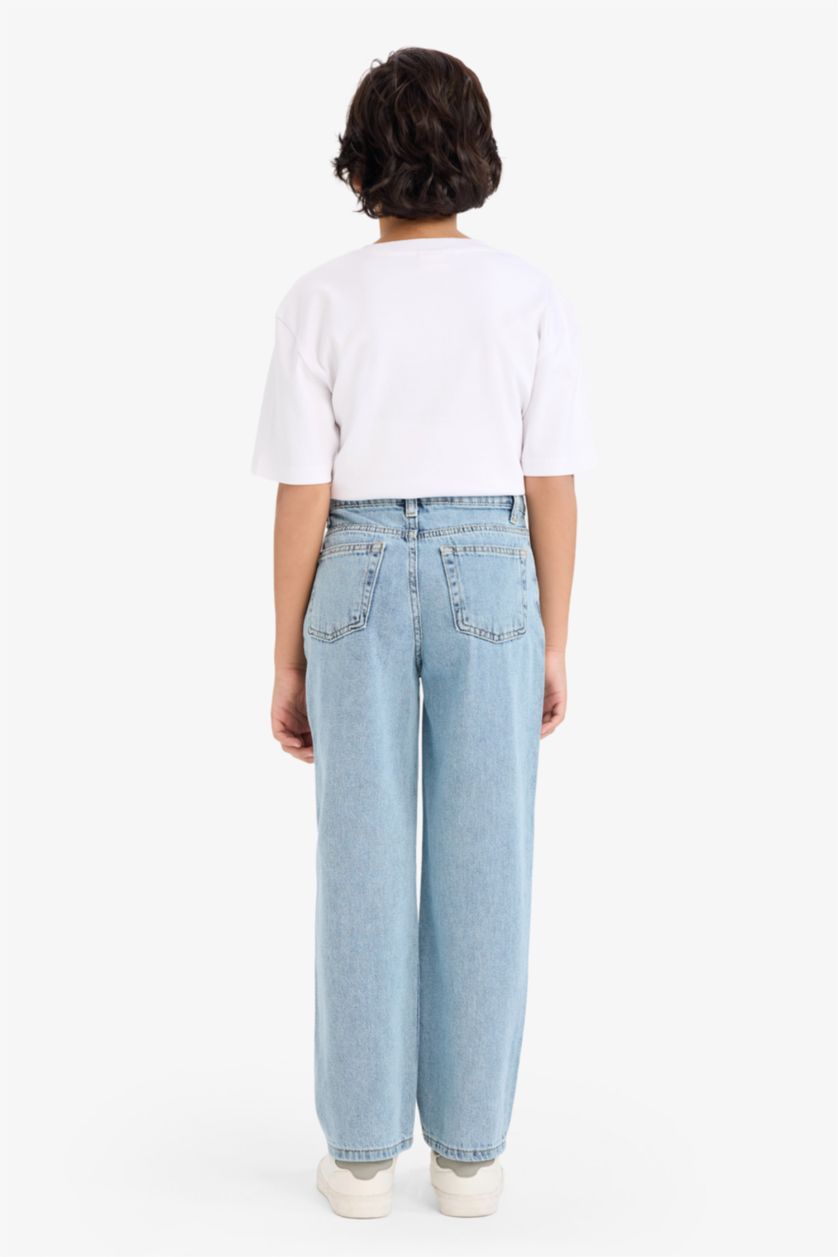 Erkek Çocuk - Genç Erkek Açık Mavi Loose Fit Yırtık Detaylı Düz Paça Jean Pantolon Erkek Çocuk