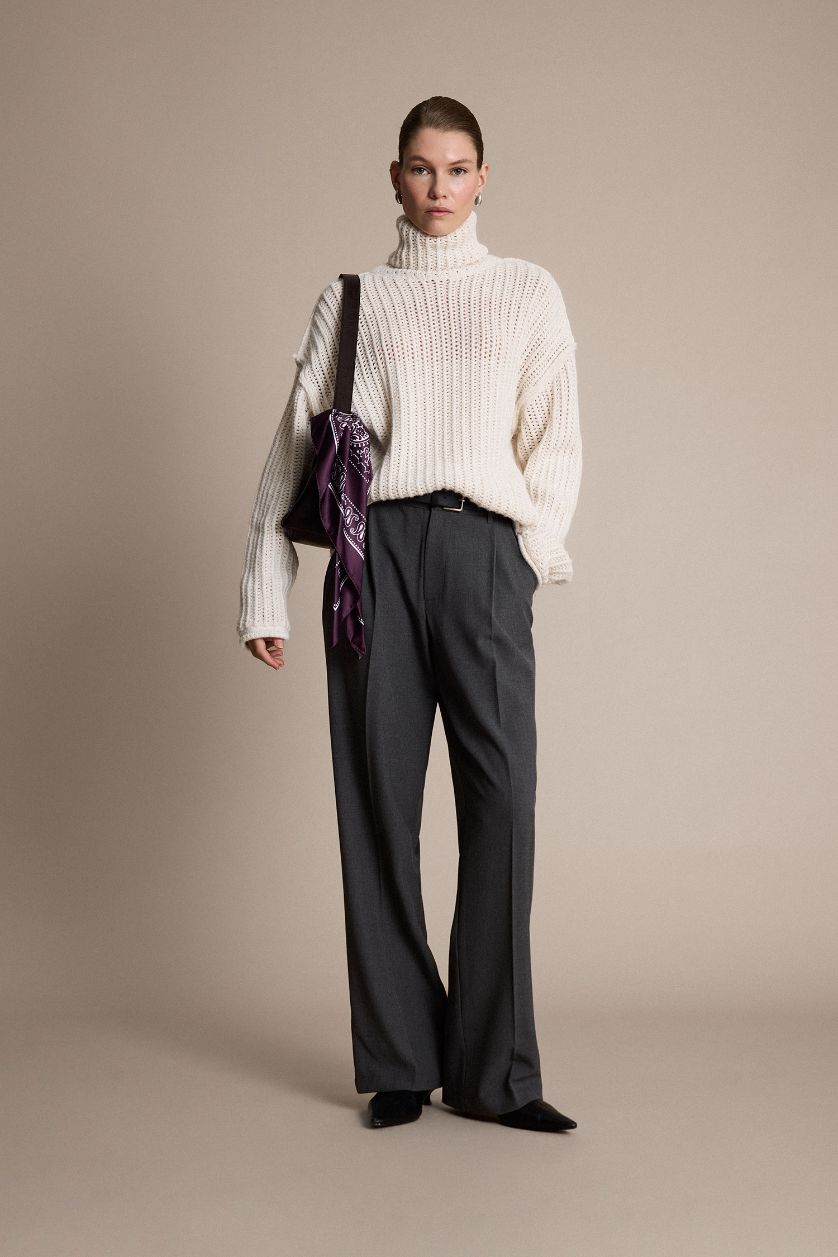 Kadın Koyu Gri Melange Wıde Leg Çift Cepli Yüksek Bel Düz Paça Pantolon