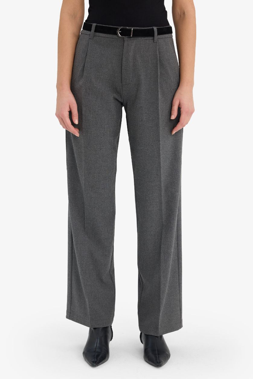 Kadın Koyu Gri Melange Wıde Leg Çift Cepli Yüksek Bel Düz Paça Pantolon