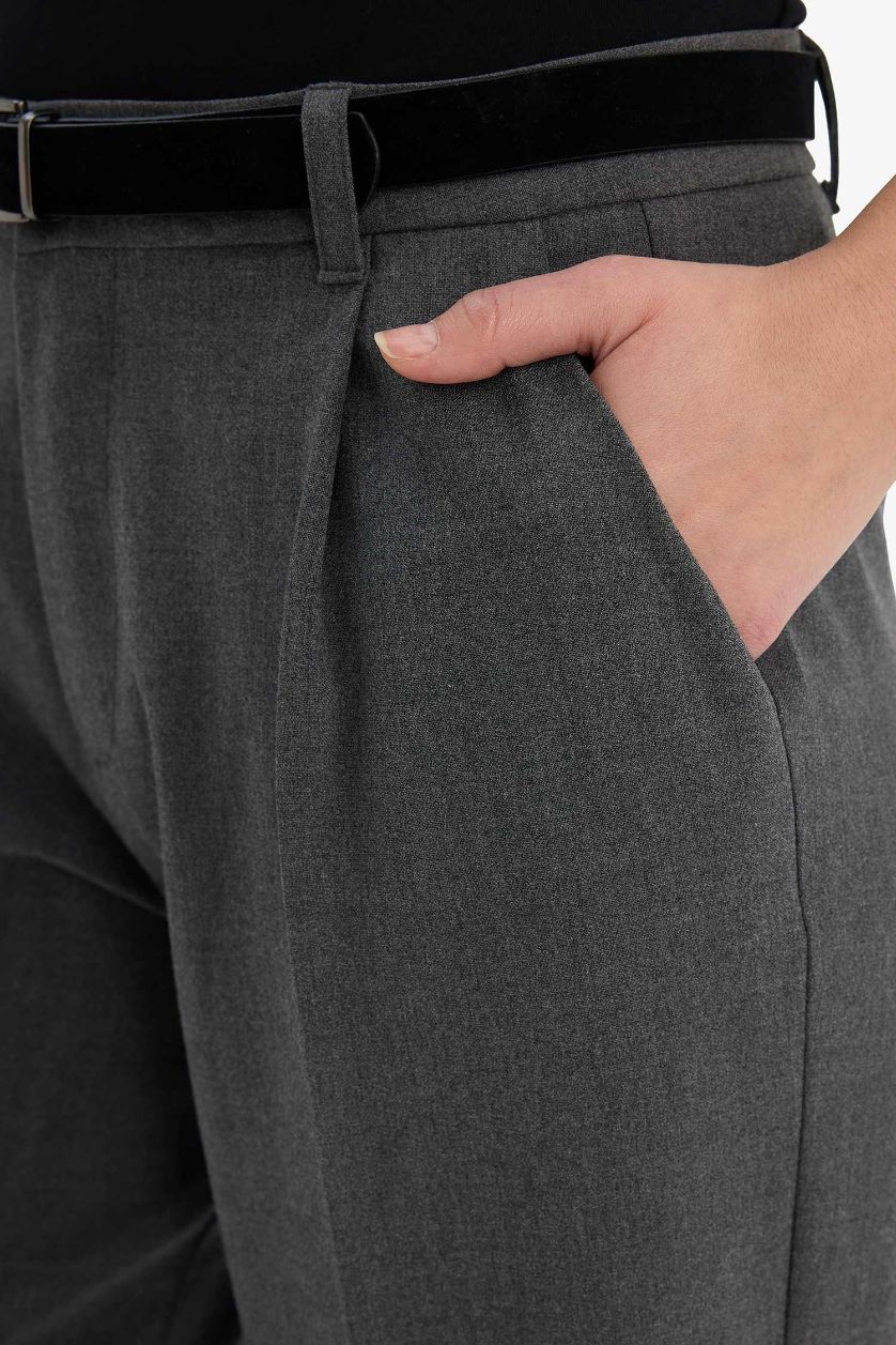 Kadın Koyu Gri Melange Wıde Leg Çift Cepli Yüksek Bel Düz Paça Pantolon