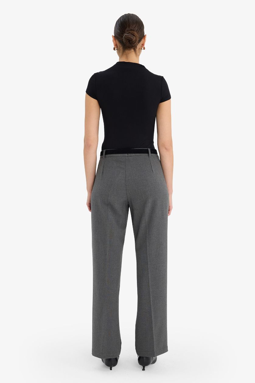 Kadın Koyu Gri Melange Wıde Leg Çift Cepli Yüksek Bel Düz Paça Pantolon