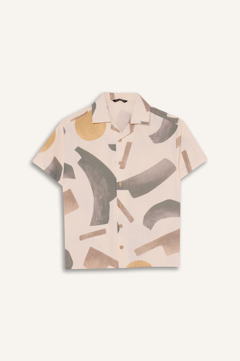 BOYS & TEENS Ecru Boy Oversize Fit Polo Collar Tropical Print Shirt