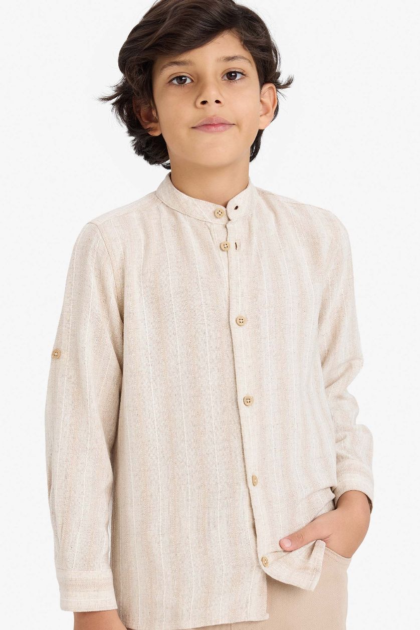 BOYS & TEENS Beige Boy Long Sleeves Stand Collar Striped Shirt