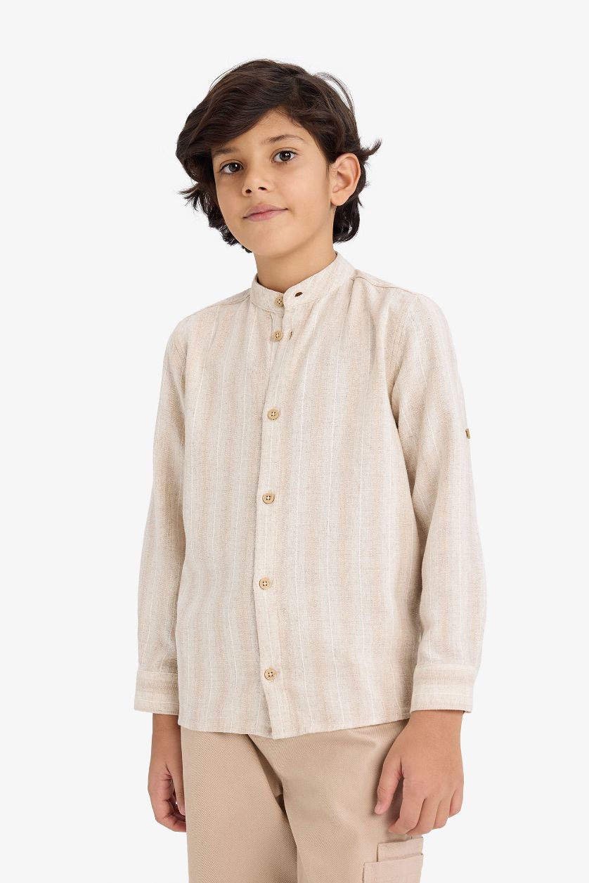 BOYS & TEENS Beige Boy Long Sleeves Stand Collar Striped Shirt