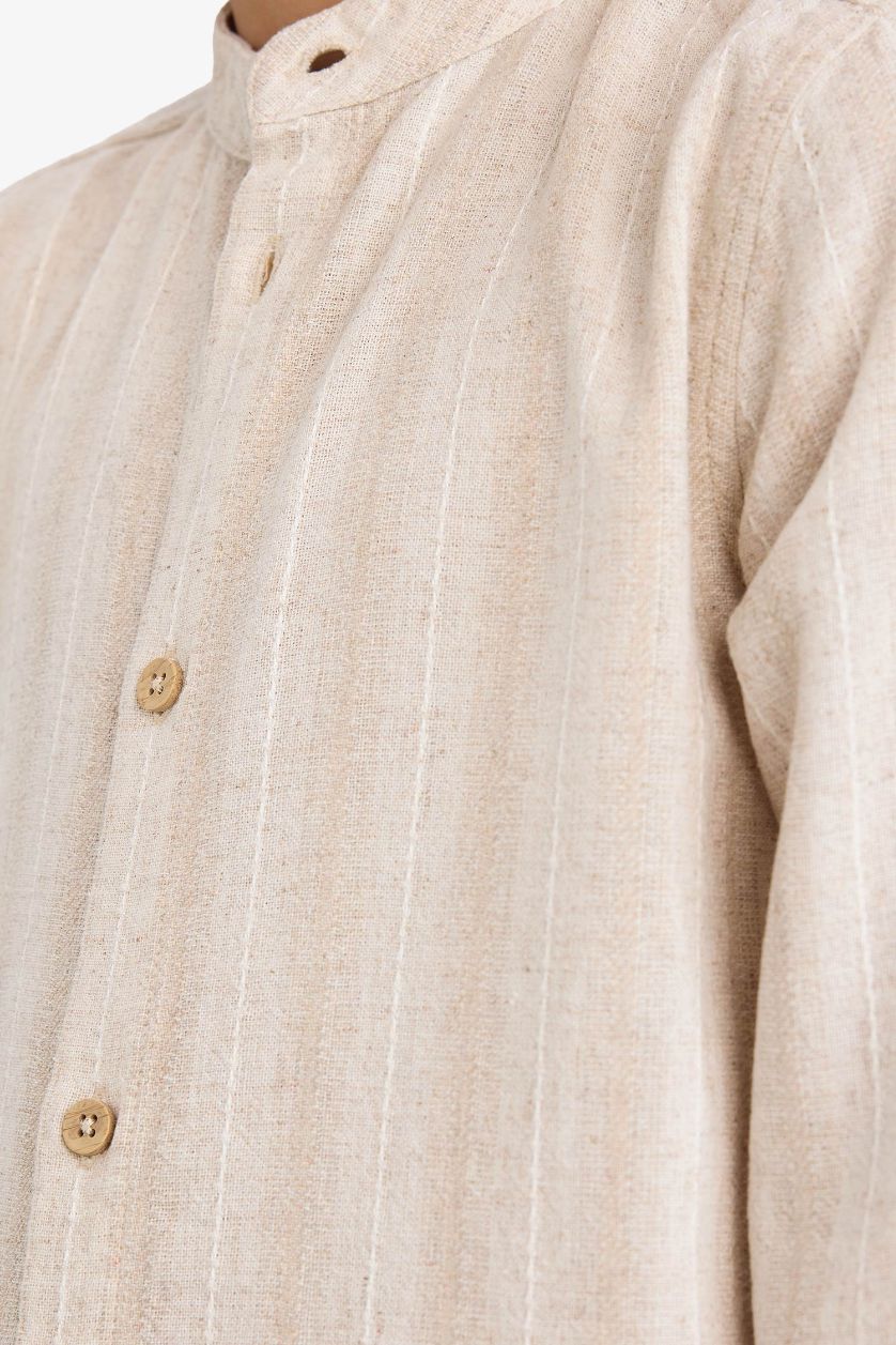 BOYS & TEENS Beige Boy Long Sleeves Stand Collar Striped Shirt