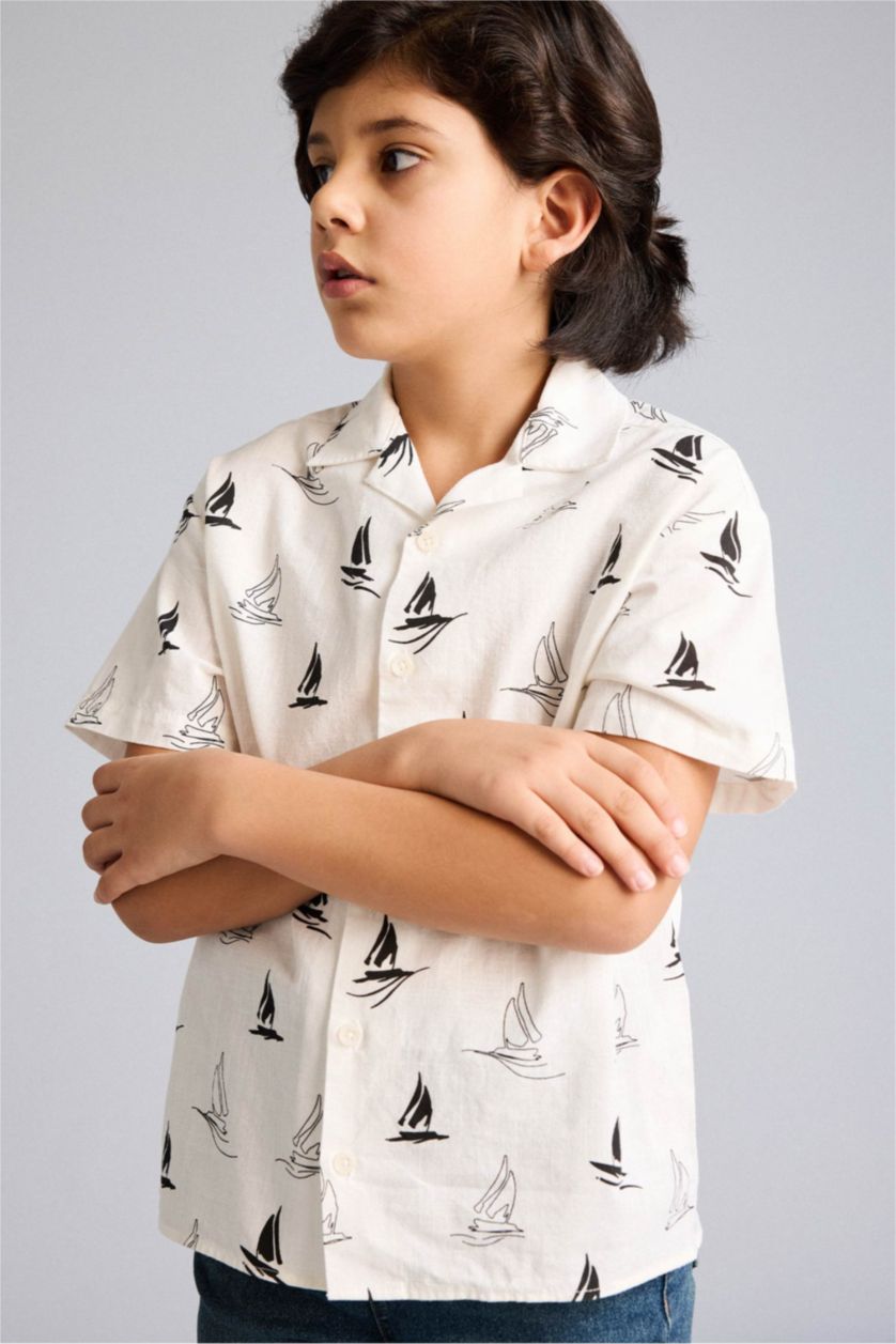 Boys & Teens Ecru Boy Polo Neck Tropical Pattern Printed Fabric Oversize Shirt