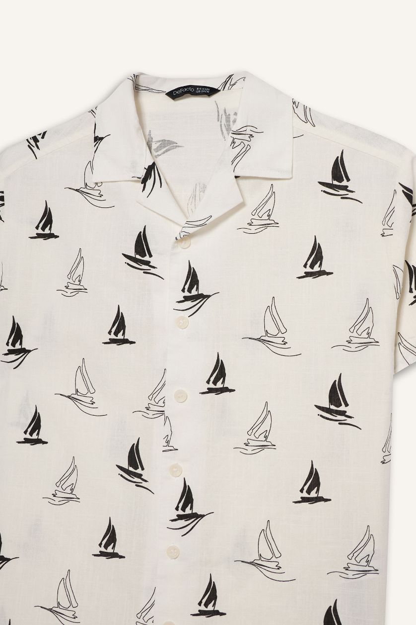 Erkek Çocuk - Genç Erkek Ekru Oversıze Polo Yaka Tropikal Desenli Baskılı Kumaş Kısa Kollu Gömlek Erkek Çocuk