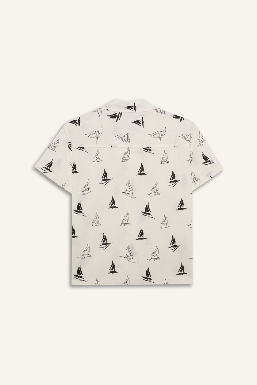 Erkek Çocuk - Genç Erkek Ekru Oversıze Polo Yaka Tropikal Desenli Baskılı Kumaş Kısa Kollu Gömlek Erkek Çocuk