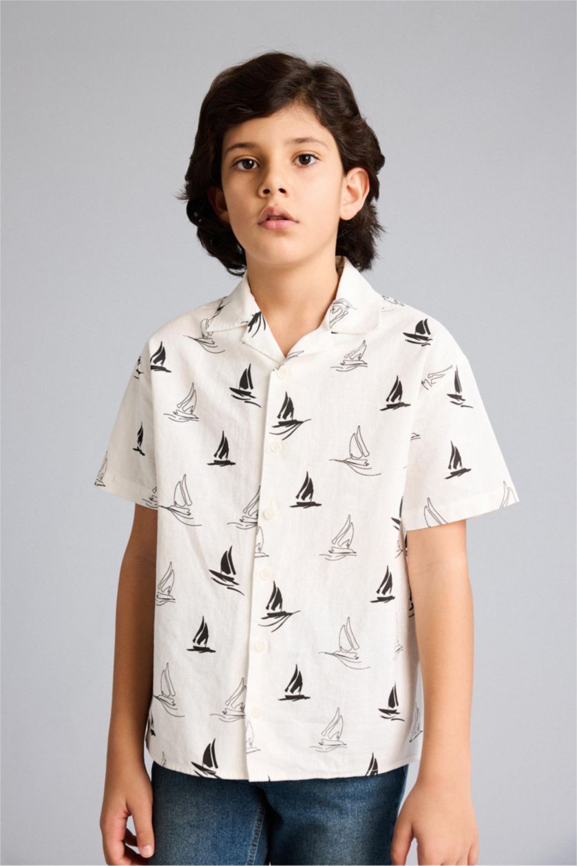 Boys & Teens Ecru Boy Polo Neck Tropical Pattern Printed Fabric Oversize Shirt