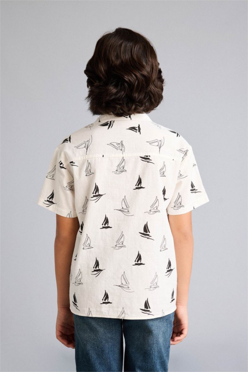 Boys & Teens Ecru Boy Polo Neck Tropical Pattern Printed Fabric Oversize Shirt