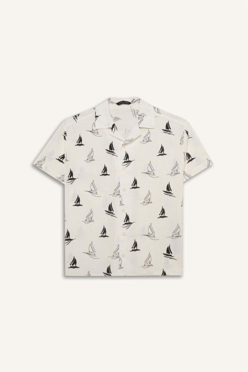 Boys & Teens Ecru Boy Polo Neck Tropical Pattern Printed Fabric Oversize Shirt