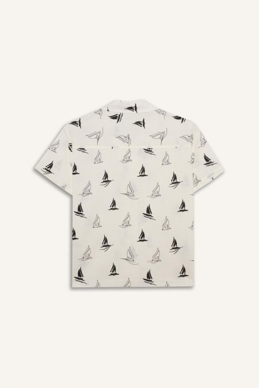 Boys & Teens Ecru Boy Polo Neck Tropical Pattern Printed Fabric Oversize Shirt