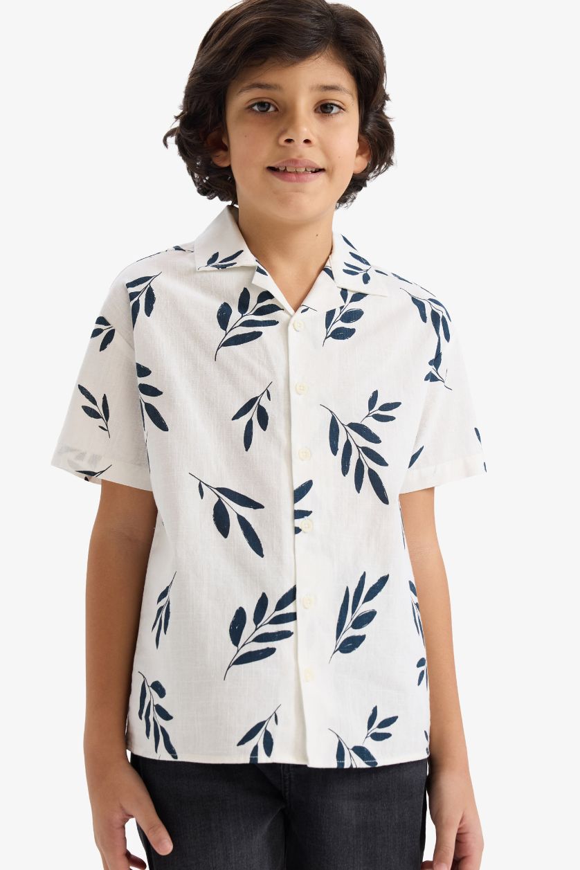 BOYS & TEENS Ecru Oversize Fit Tropical Patterned Short Sleeve Shirt
