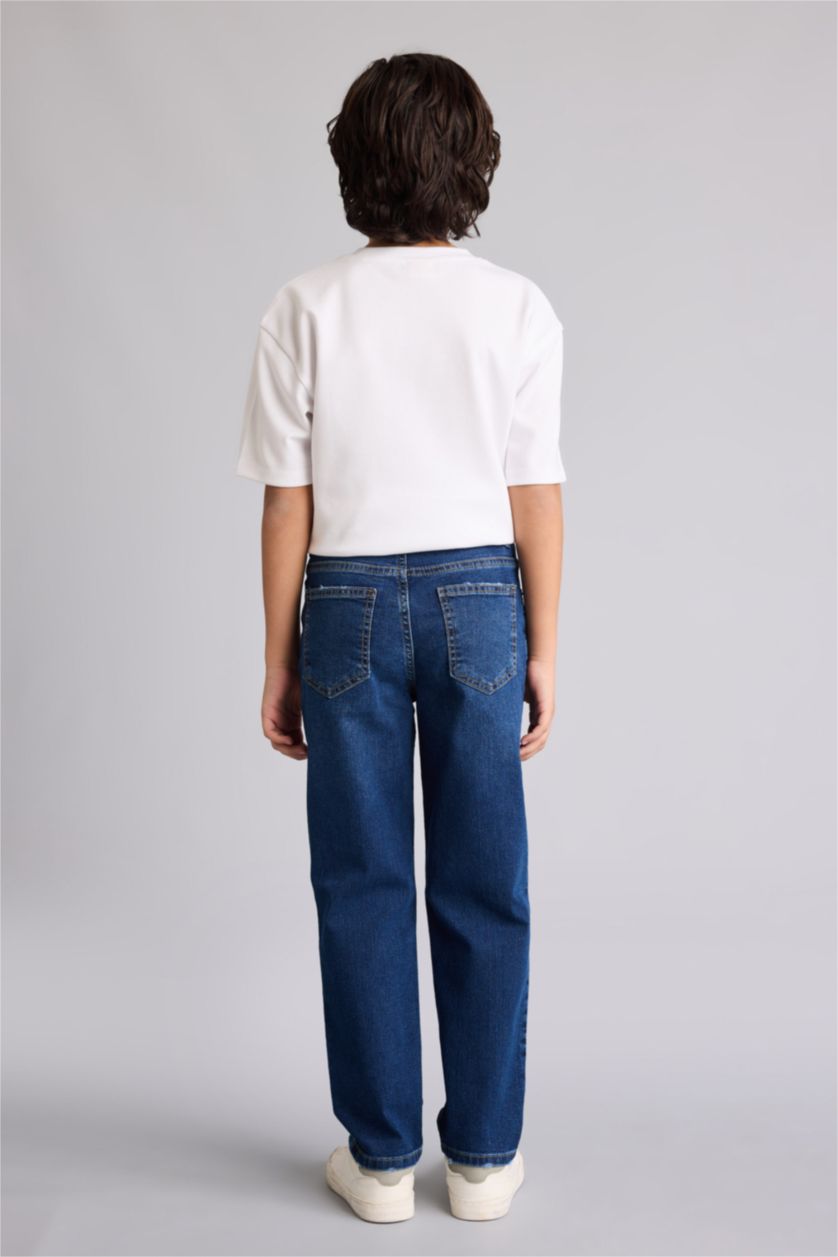 Erkek Çocuk - Genç Erkek Koyu Mavi Straıght Fıt Yırtık Detaylı Düz Paça Jean Pantolon Erkek Çocuk
