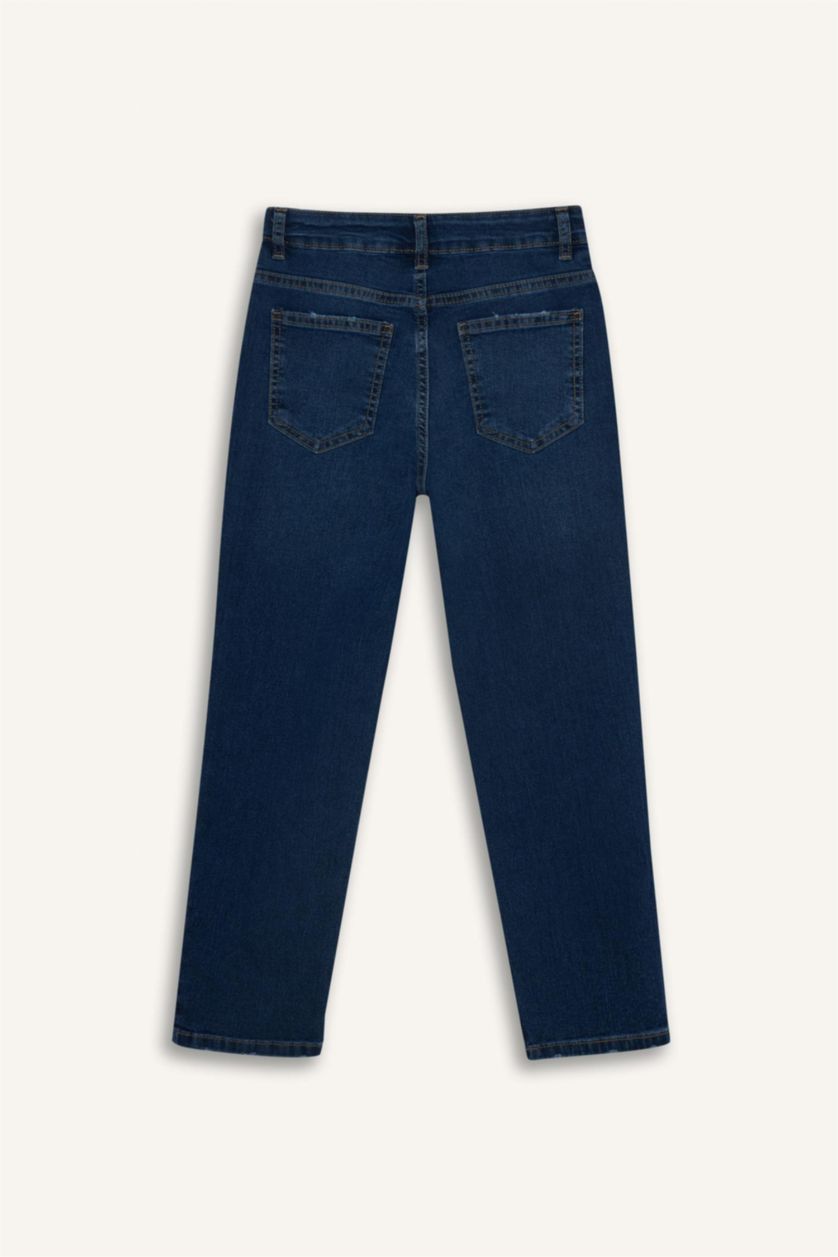 Erkek Çocuk - Genç Erkek Koyu Mavi Straıght Fıt Yırtık Detaylı Düz Paça Jean Pantolon Erkek Çocuk