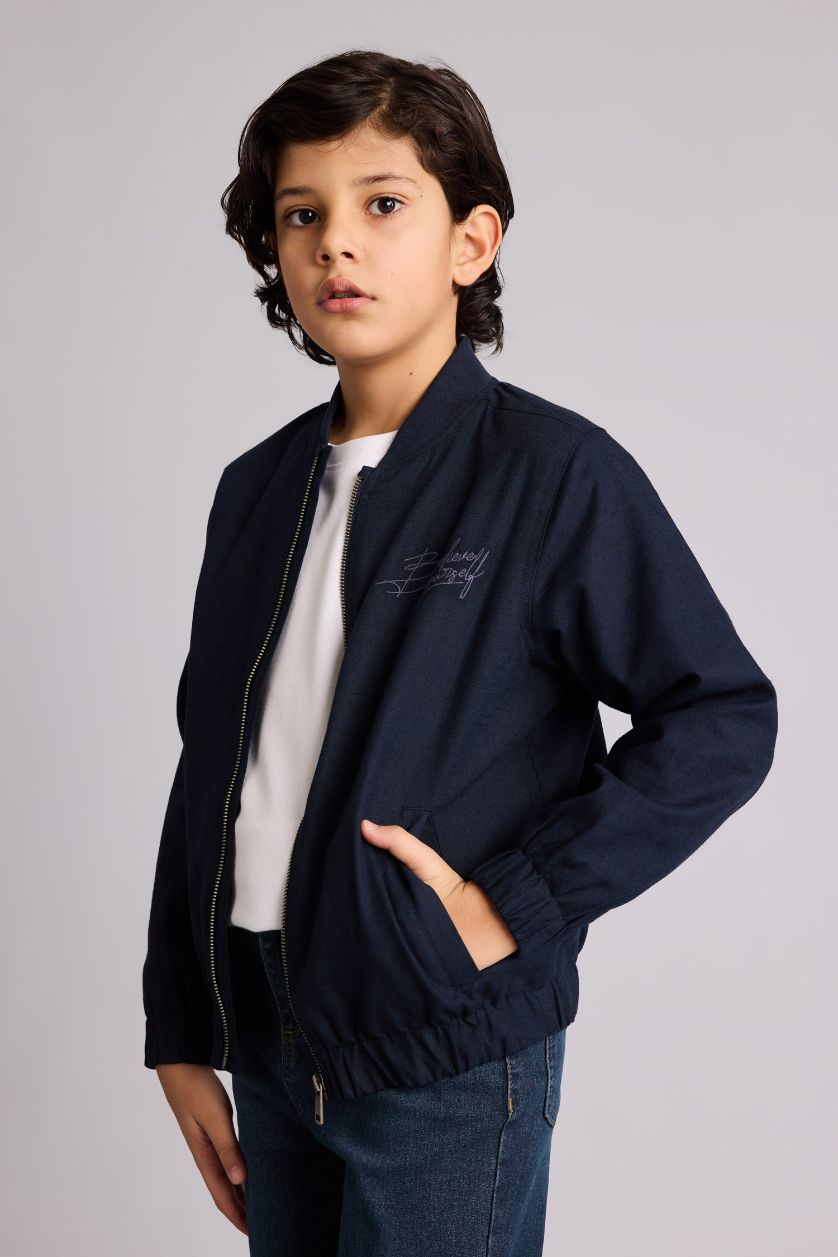 Erkek Çocuk - Genç Erkek Lacivert Kolej Yaka Nakış Detaylı Bomber Mont Erkek Çocuk