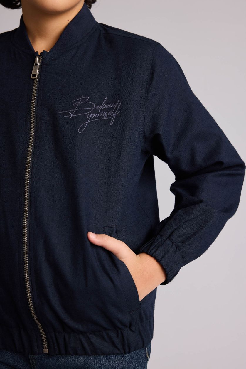 Erkek Çocuk - Genç Erkek Lacivert Kolej Yaka Nakış Detaylı Bomber Mont Erkek Çocuk