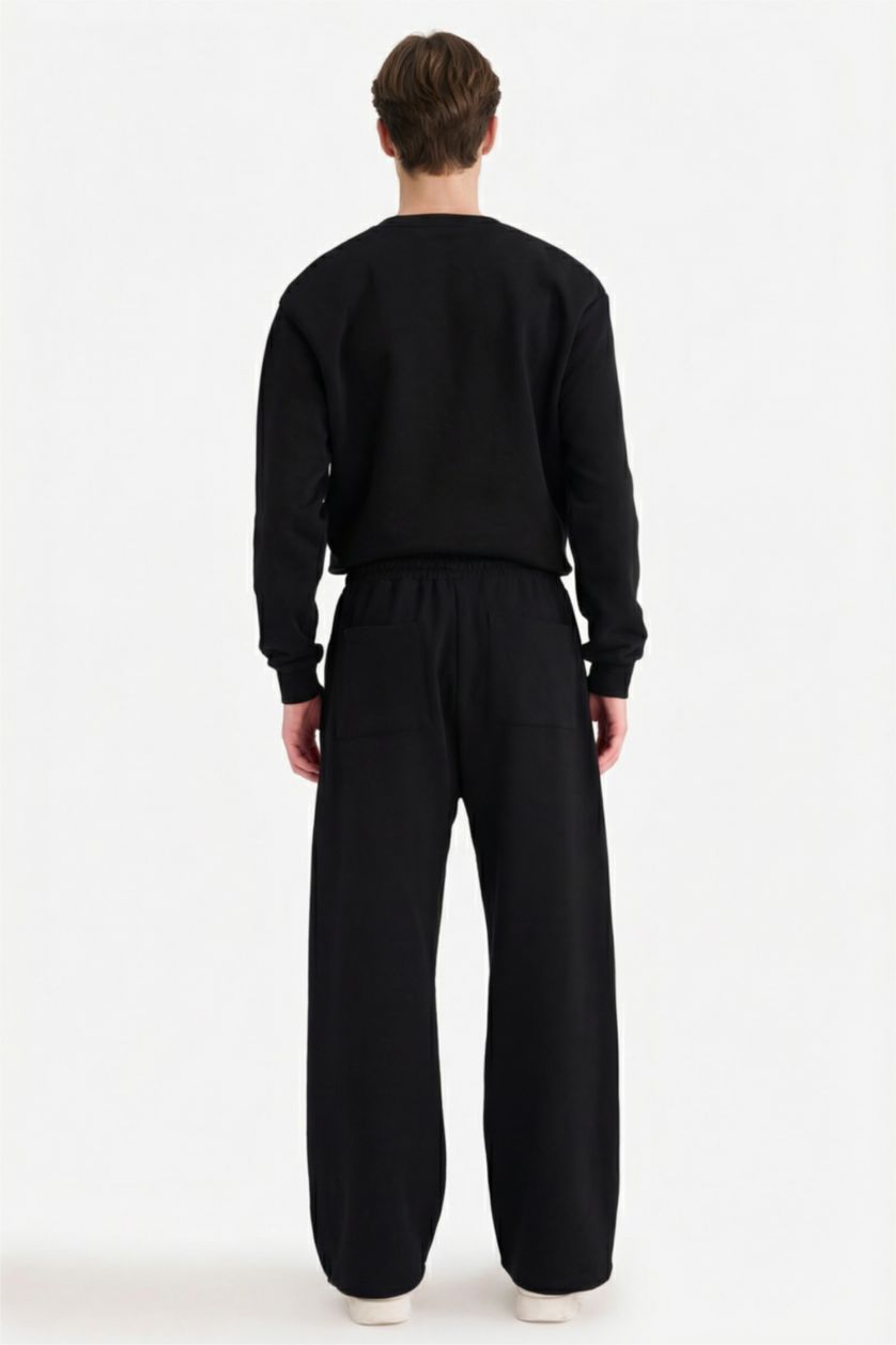 Erkek Siyah Beli Bağcıklı Düz Paça Eşofman Altı