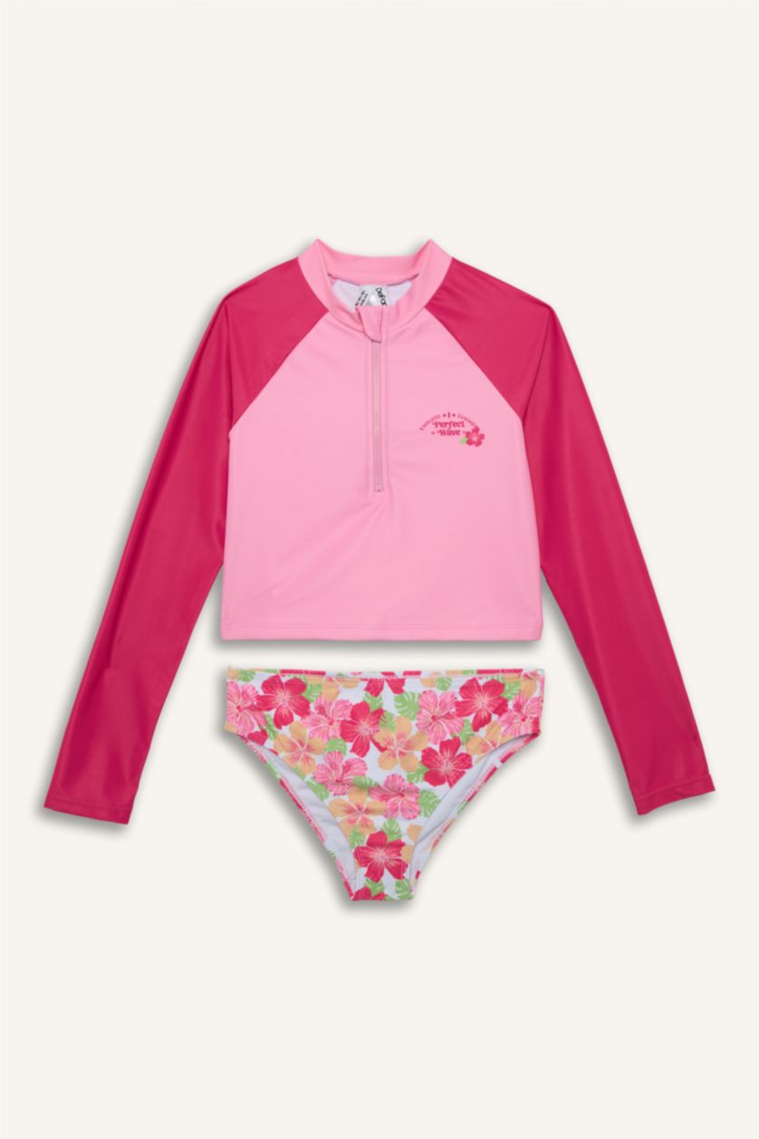 Kız Çocuk - Genç Kız Pembe Uzun Kollu Üst Çiçekli Alt Bikini Takım