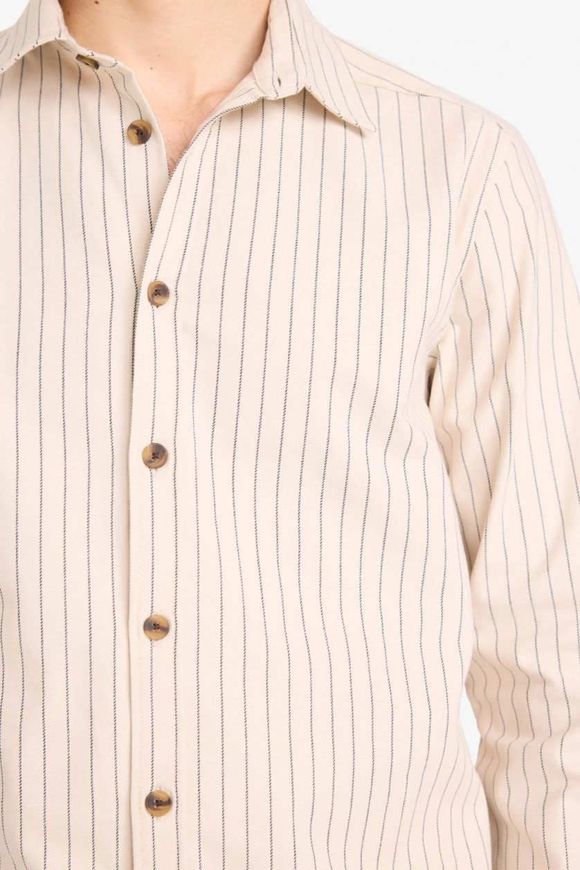 Erkek Taş Flanel Çizgili Gömlek
