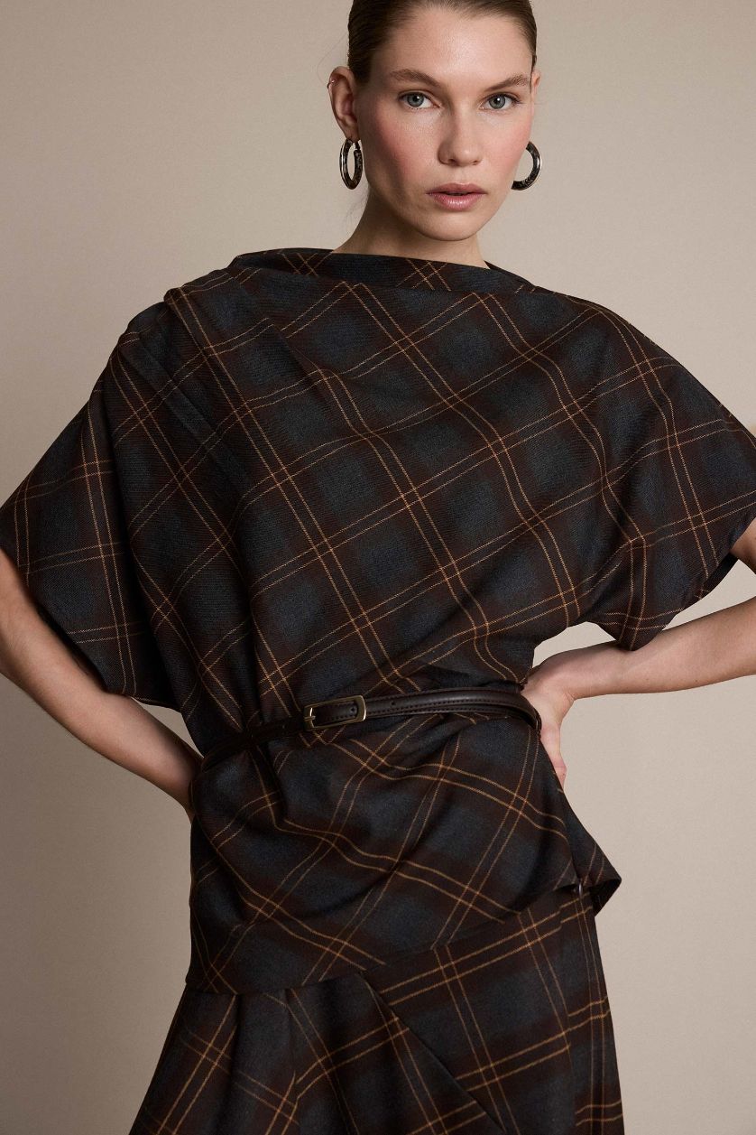 Kadın Kahve Fıtted Dik Yaka Kareli Flanel Kısa Kollu Bluz