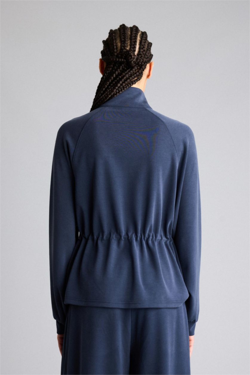 WOMAN NAVY Standard Fit Stand Collar Zippered Modal Cardigan