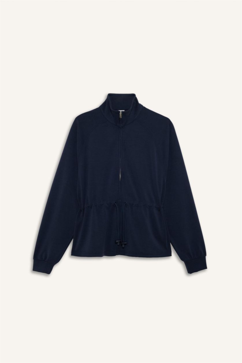 WOMAN NAVY Standard Fit Stand Collar Zippered Modal Cardigan