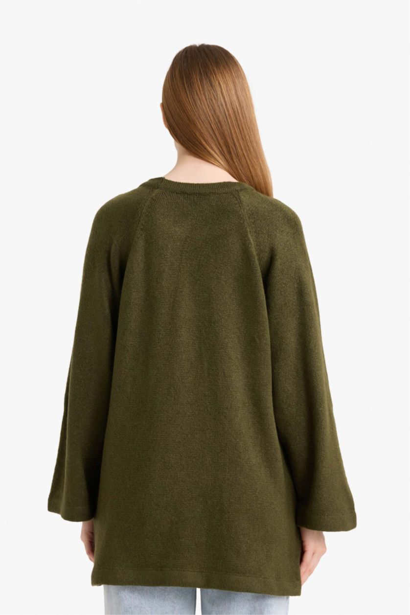 Kadın Zeytin Yeşili Regular Fit Bisiklet Yaka Triko Kazak Tunik