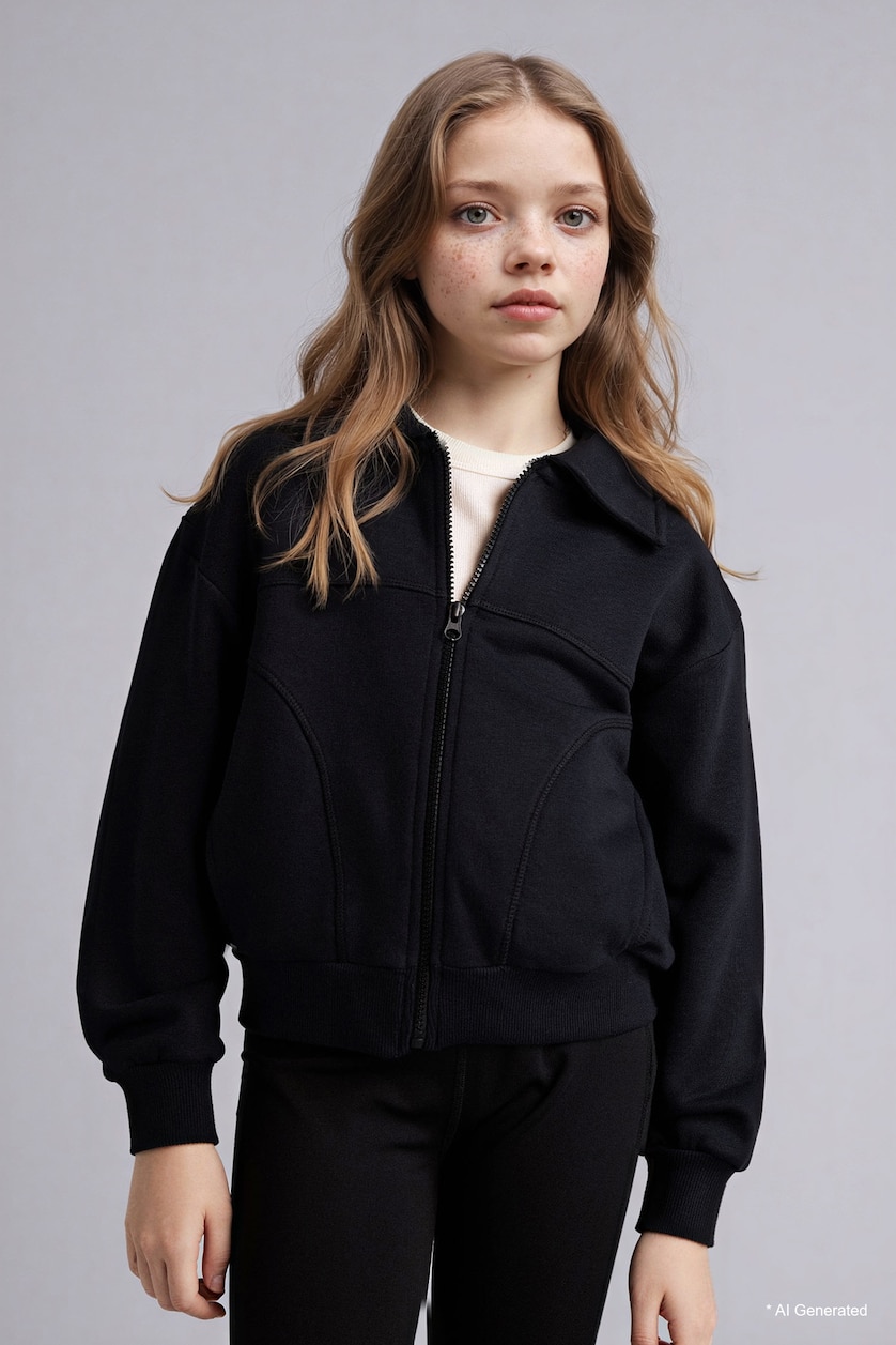 Young Girls - Teen Girls Black Girl Zip-Up Cardigan