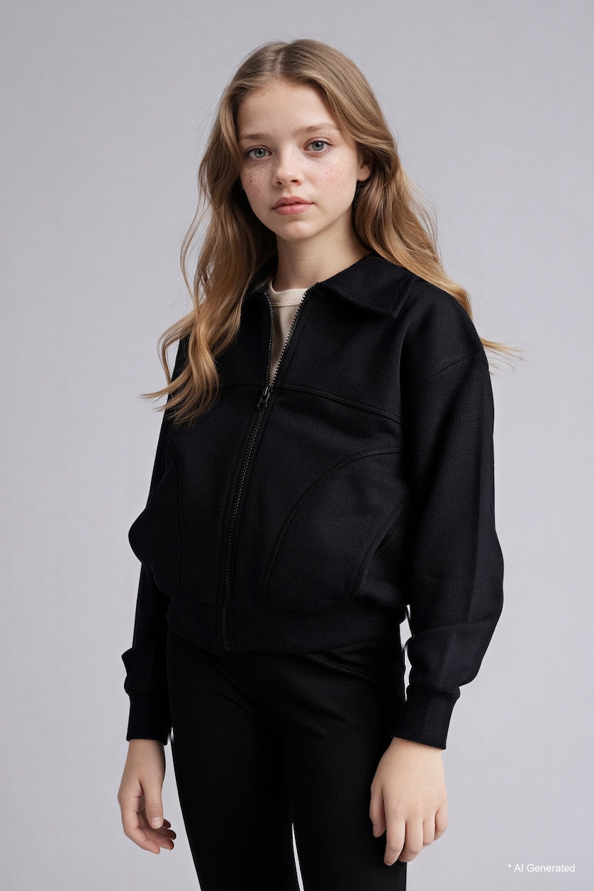 Young Girls - Teen Girls Black Girl Zip-Up Cardigan