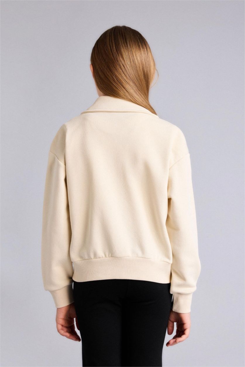 GIRLS & TEENS Ecru Girl Polo Collar Zip-Up Sweatshirt
