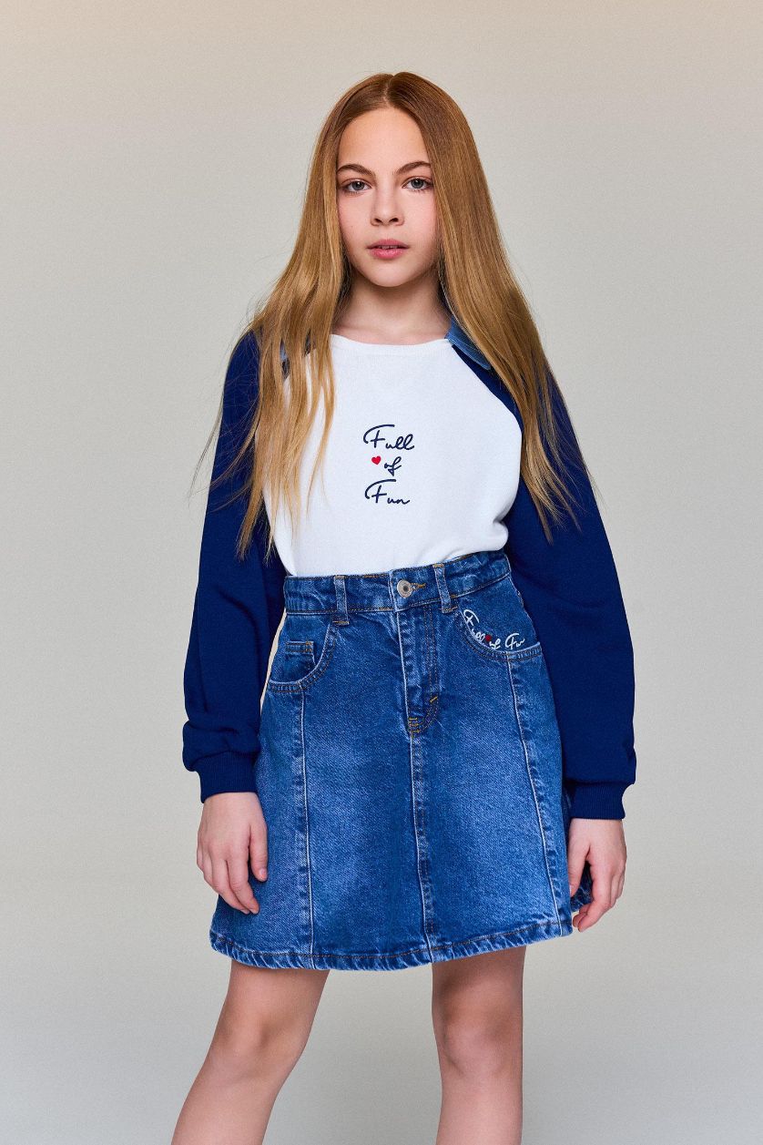 GIRLS & TEENS NAVY Girl Slogan Printed Polo Collar Sweatshirt