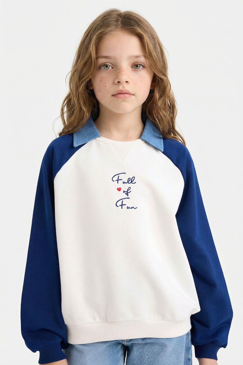 GIRLS & TEENS NAVY Girl Slogan Printed Polo Collar Sweatshirt