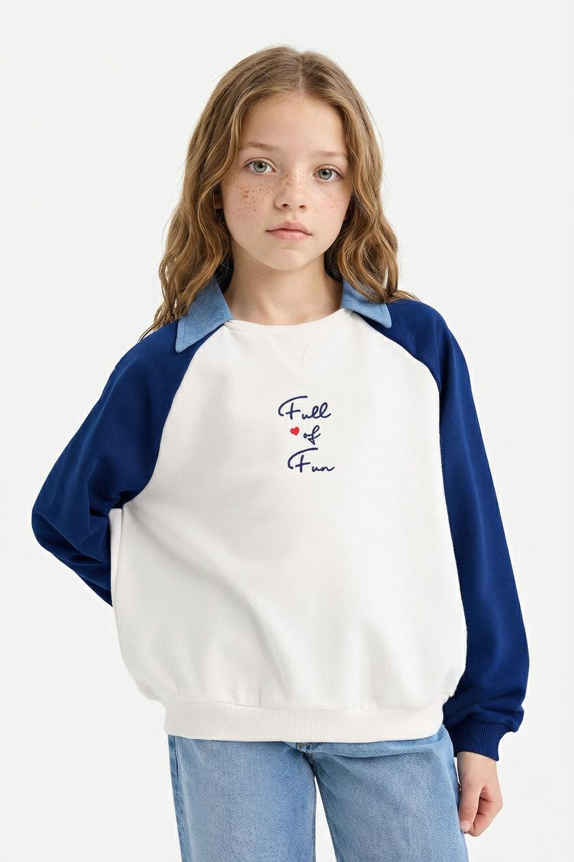 GIRLS & TEENS NAVY Girl Slogan Printed Polo Collar Sweatshirt
