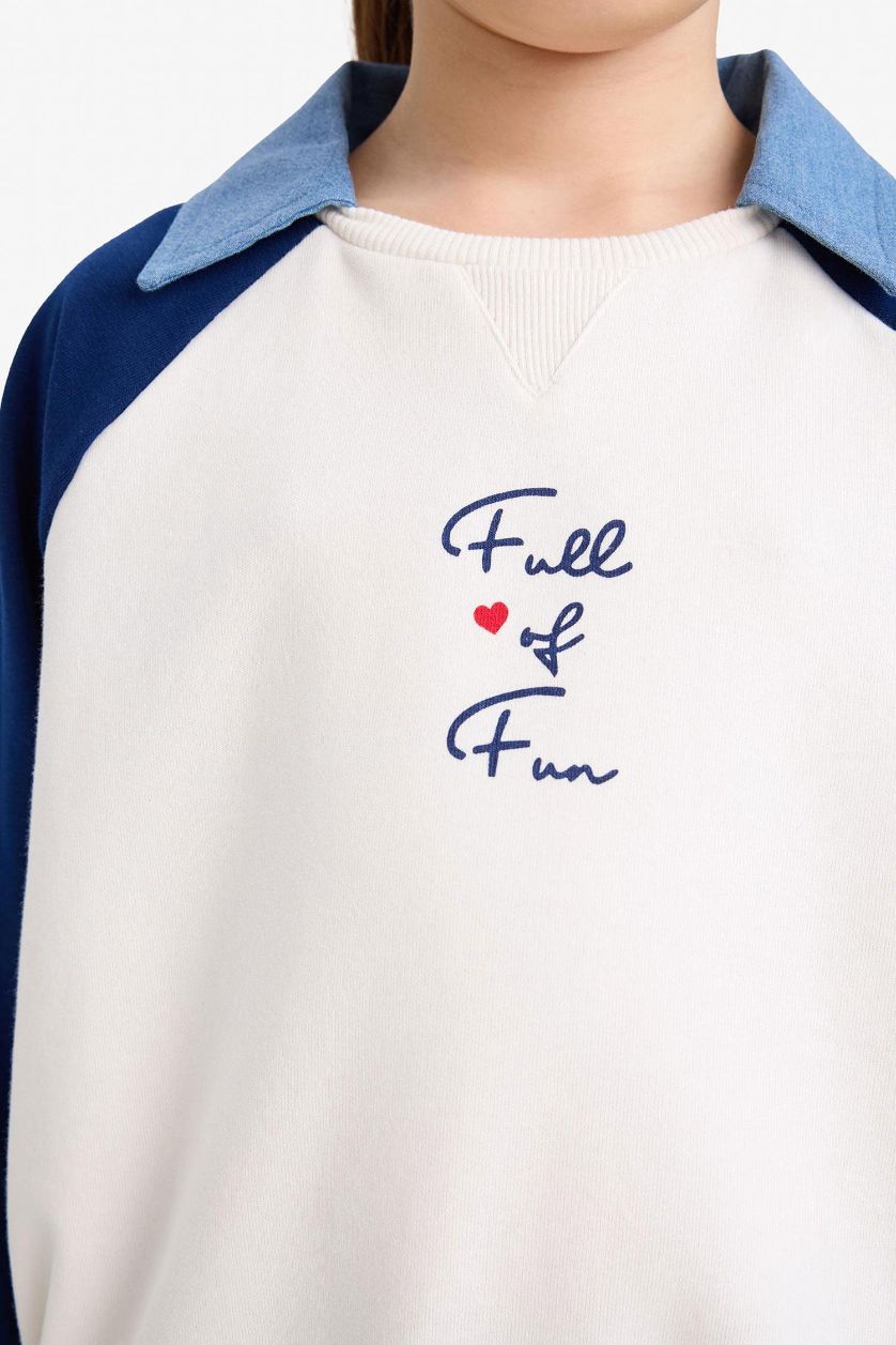 GIRLS & TEENS NAVY Girl Slogan Printed Polo Collar Sweatshirt