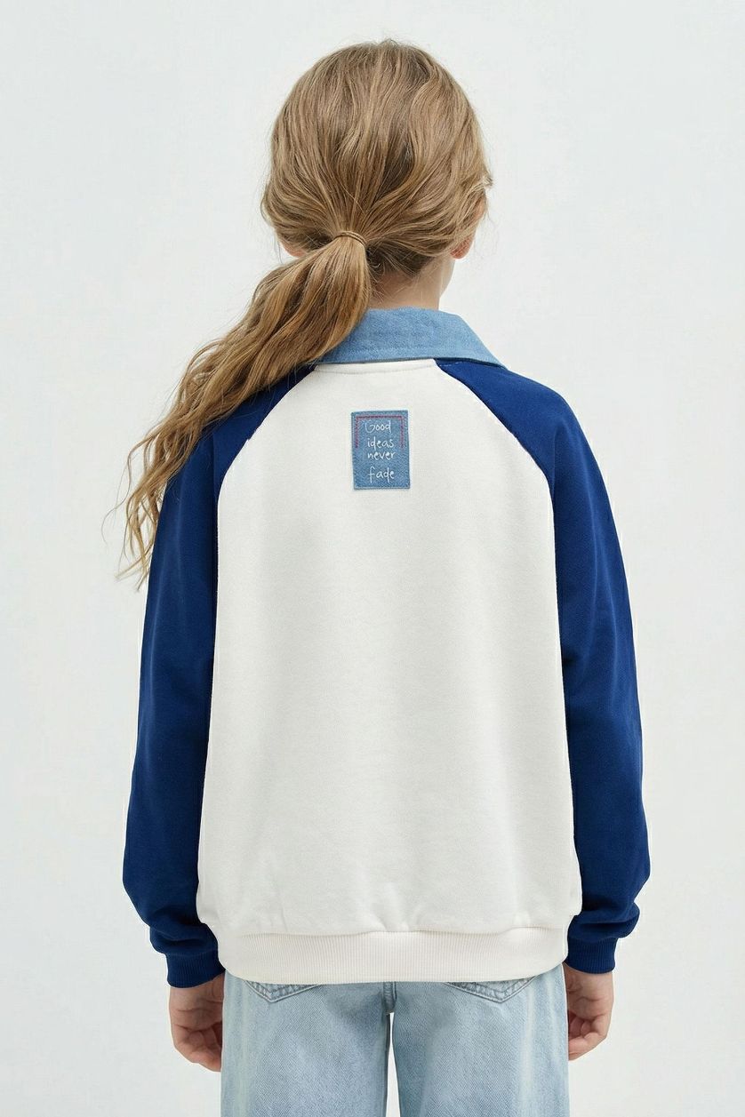 GIRLS & TEENS NAVY Girl Slogan Printed Polo Collar Sweatshirt