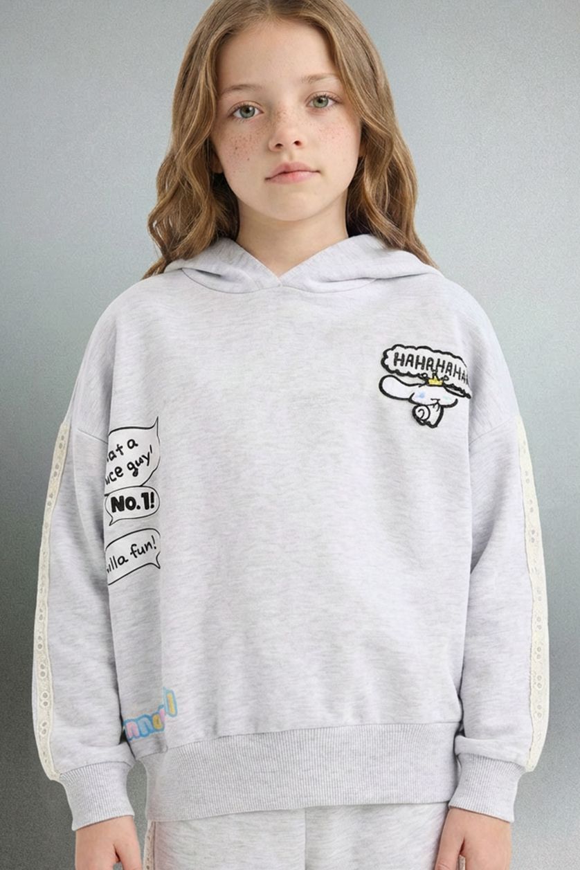GIRLS & TEENS Light Grey Melange Girl Printed Hoodie