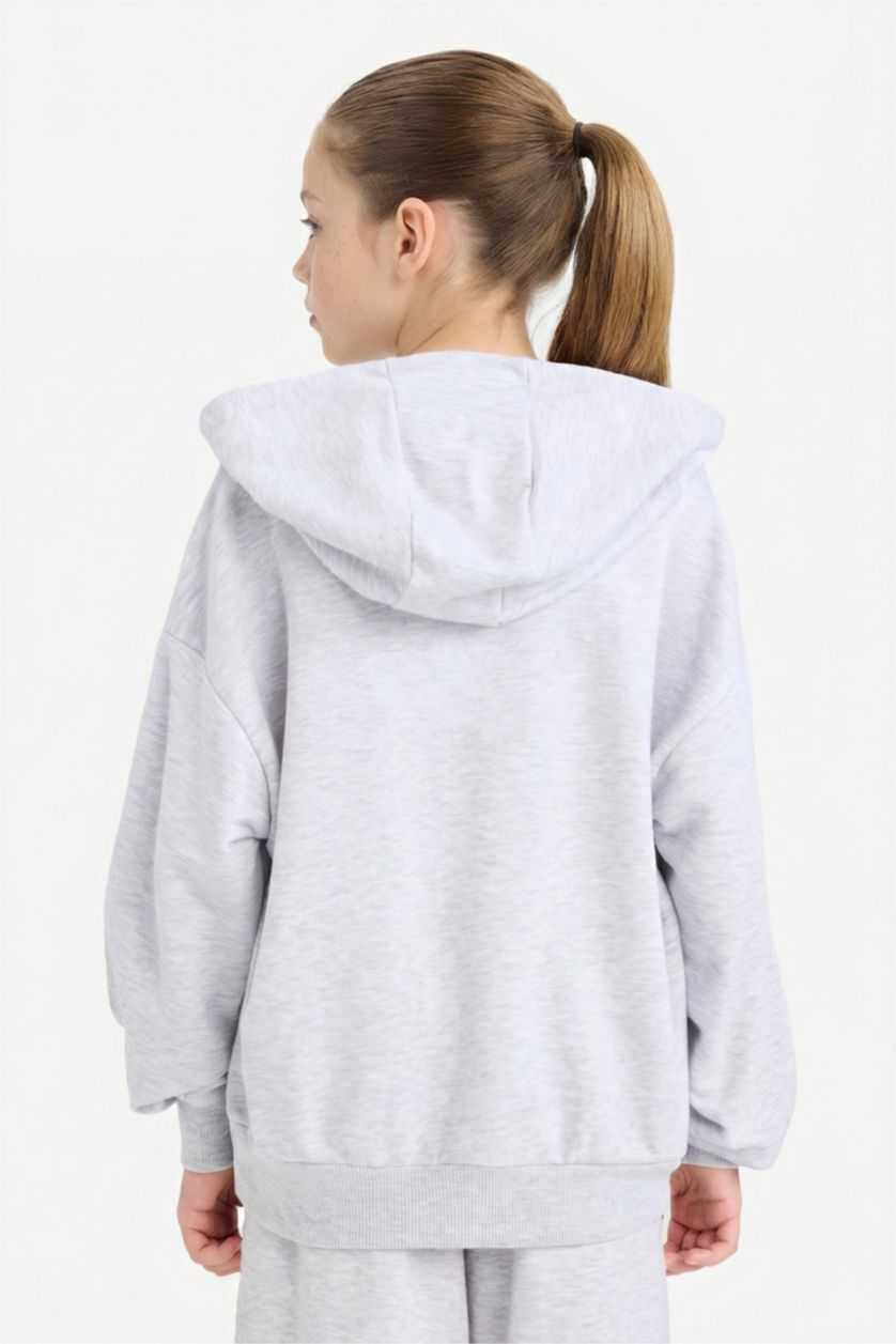 GIRLS & TEENS Light Grey Melange Girl Printed Hoodie