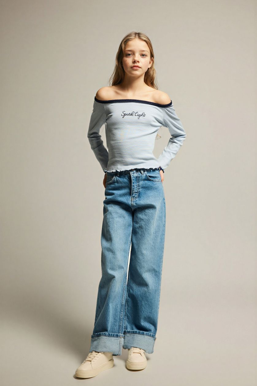 بنات أزرق تيشيرت بناتي ردن طويل بطبعة شعار