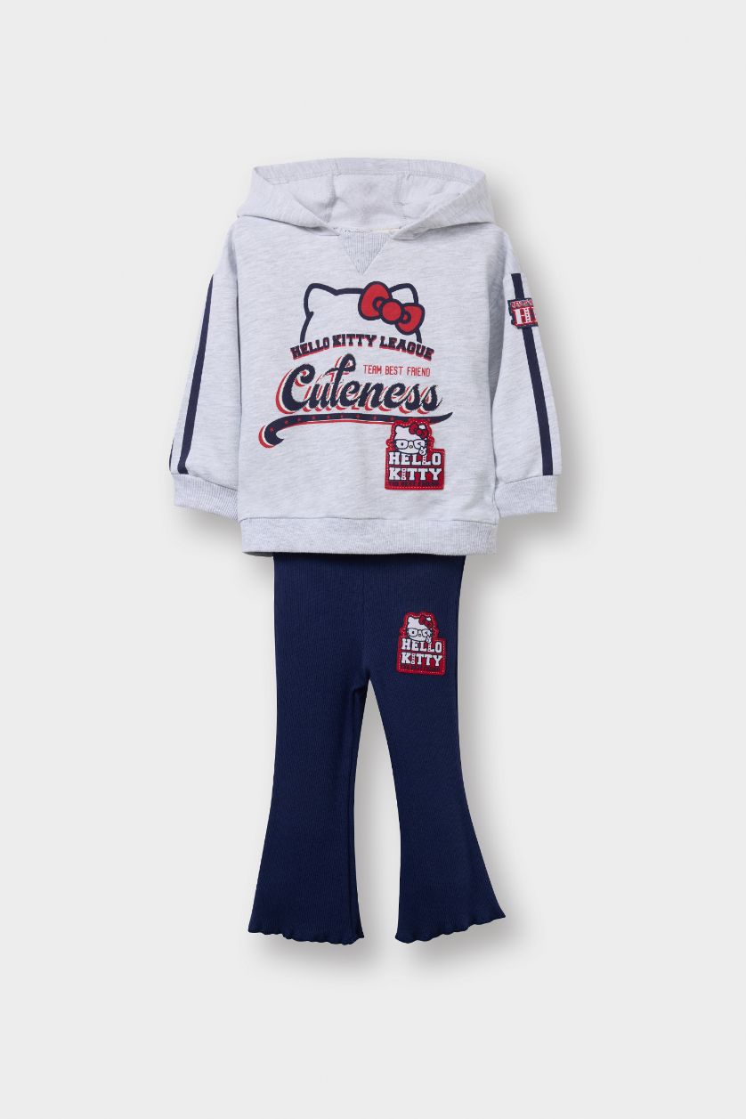 Kız Bebek Gri Melanj Hello Kitty 2'li Takım Kapüşonlu Sweatshirt Tayt Kız Bebek