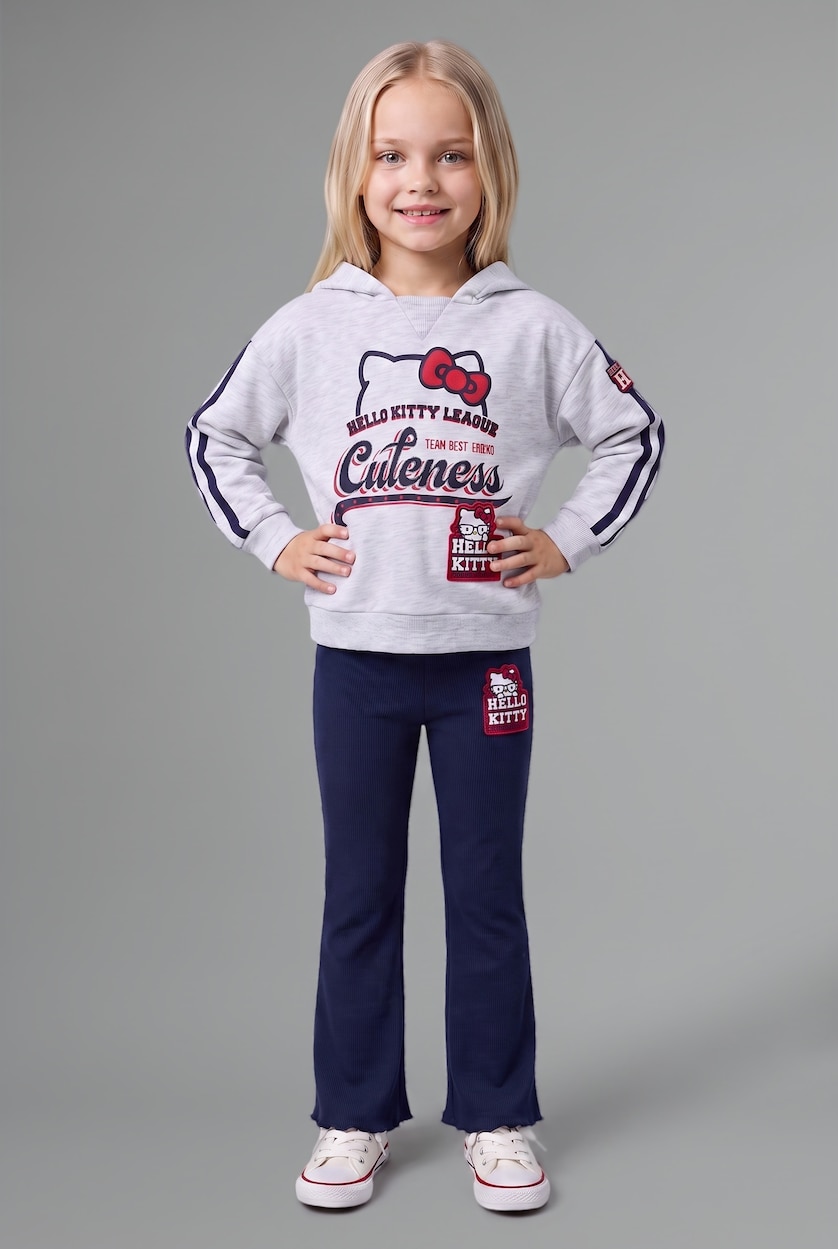 Baby Girls Grey Melange Girl Hello Kitty Hooded Sweatshirt Leggings 2 Piece Set