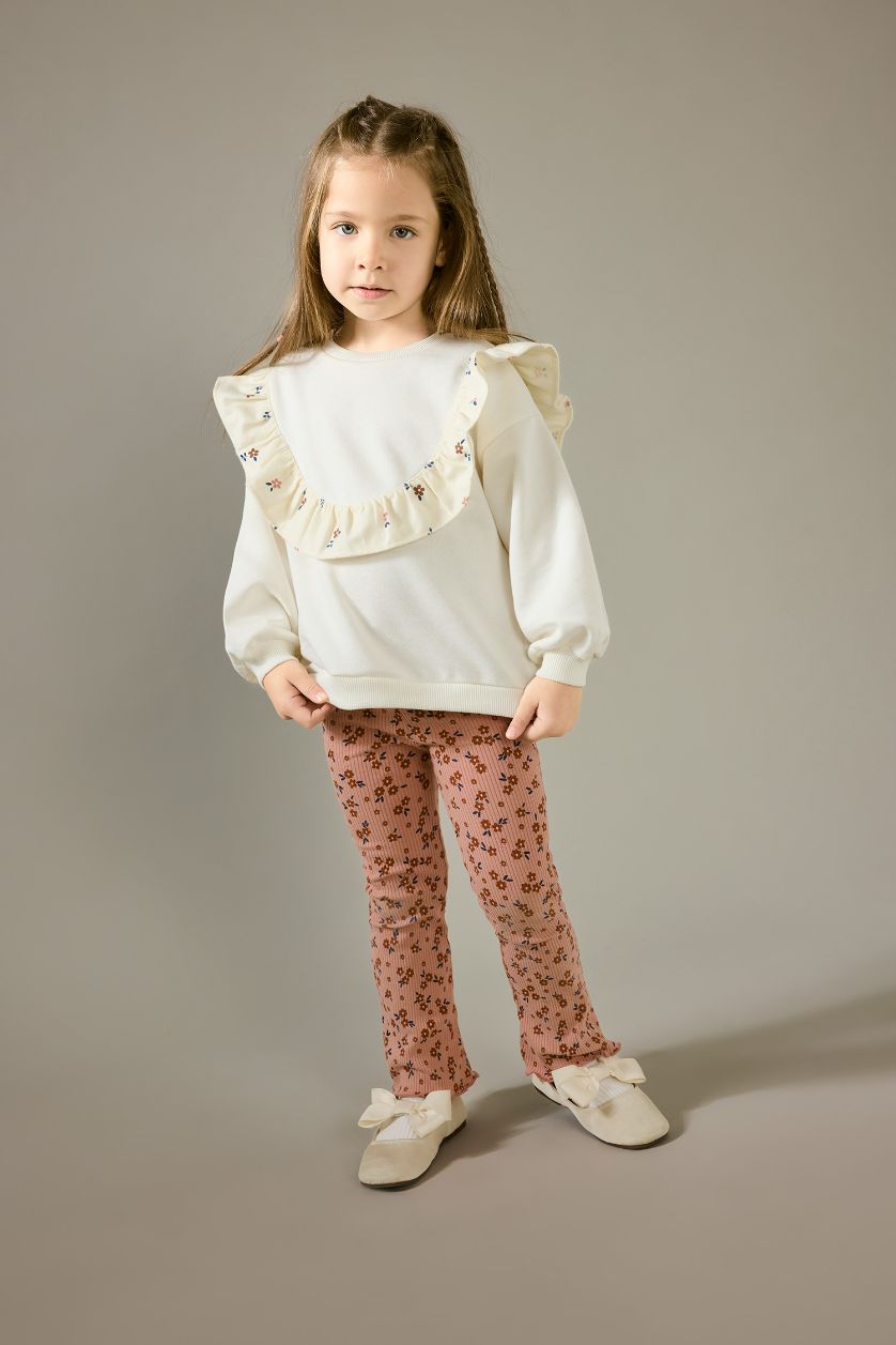 Kız Bebek Kırık Beyaz Overshirt Fit Bisiklet Yaka Çiçekli İçi Yumuşak Tüylü Sweatshirt Kız Bebek