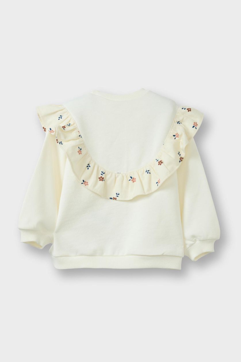 Kız Bebek Kırık Beyaz Overshirt Fit Bisiklet Yaka Çiçekli İçi Yumuşak Tüylü Sweatshirt Kız Bebek