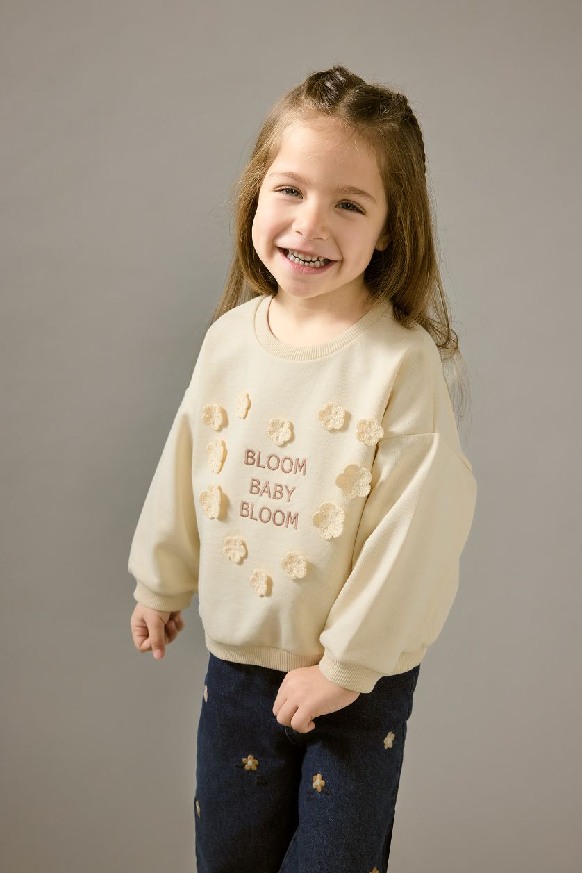 Baby Girl Beige Baby Girl Oversize Fit Crew Neck Floral Thick Fabric Sweatshirt