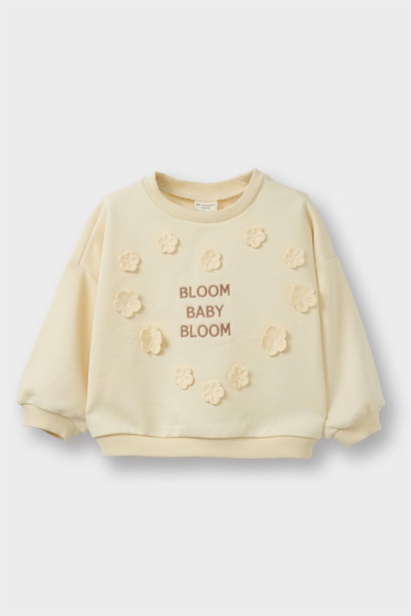 Baby Girl Beige Baby Girl Oversize Fit Crew Neck Floral Thick Fabric Sweatshirt