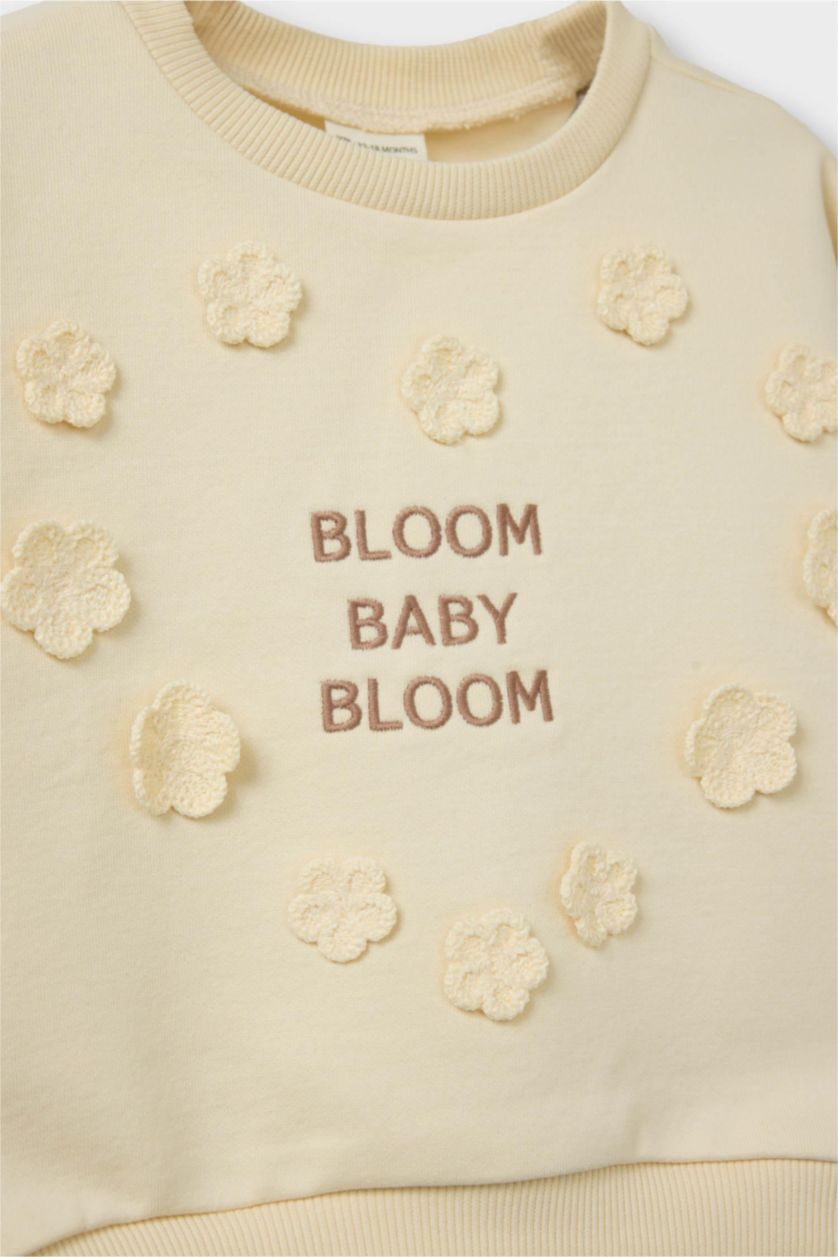 Baby Girl Beige Baby Girl Oversize Fit Crew Neck Floral Thick Fabric Sweatshirt