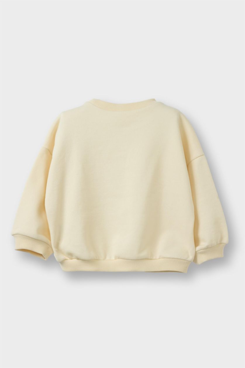 Baby Girl Beige Baby Girl Oversize Fit Crew Neck Floral Thick Fabric Sweatshirt