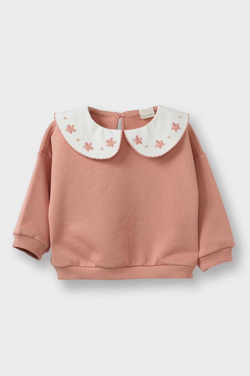 Kız Bebek Koyu Pembe Oversize Geniş Kalıp Büyük Yaka Çiçekli İçi Yumuşak Tüylü Sweatshirt Kız Bebek